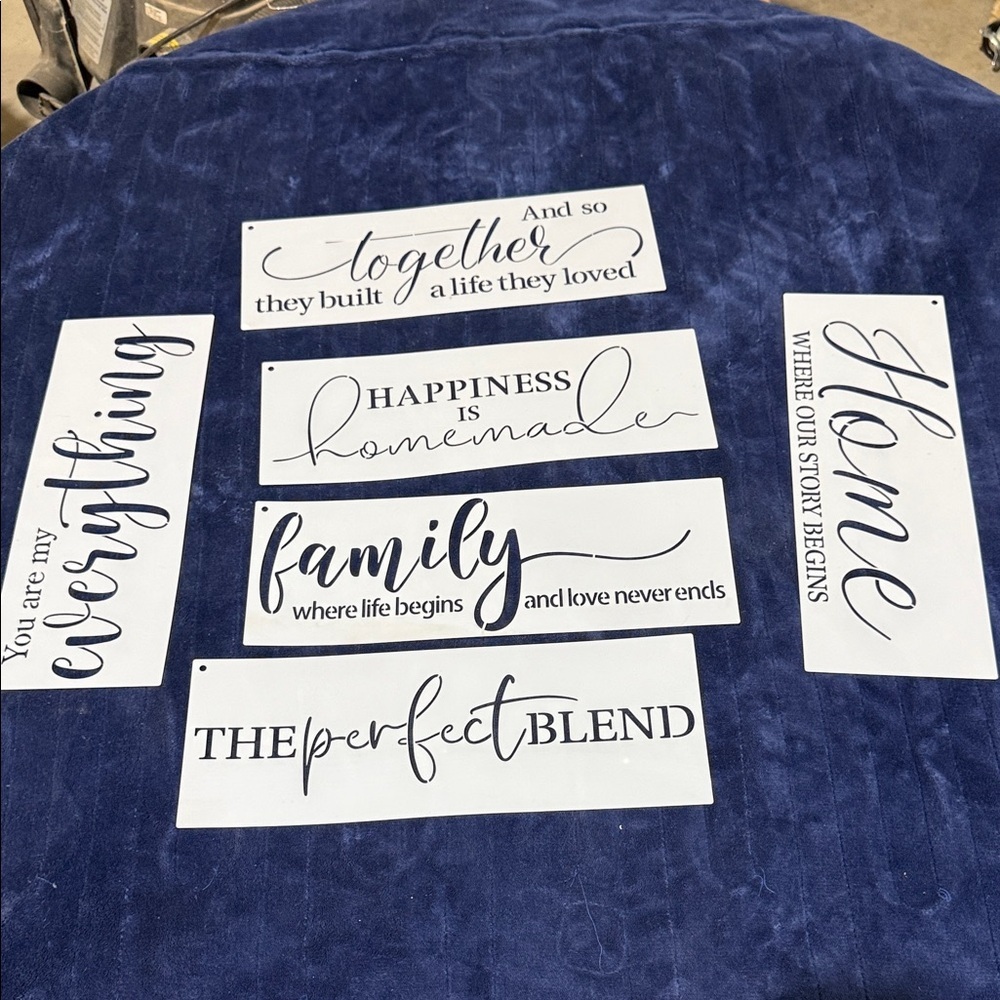 Set of 6White Script Stencils- Family, Home, Happiness
